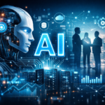Inteligență artificială enterprise ilustrată printr-un robot AI, servere de date și conexiuni digitale într-un mediu corporate.