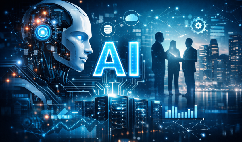 Inteligență artificială enterprise ilustrată printr-un robot AI, servere de date și conexiuni digitale într-un mediu corporate.