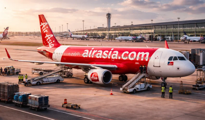 Avion AirAsia X pe pistă, imagine reprezentativă despre scumpirea biletelor și costurile mari cu combustibilul