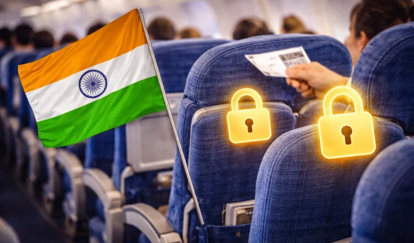 Interior avion cu scaune de pasageri și steagul Indiei, sugerând modificări în politicile de selecție a locurilor